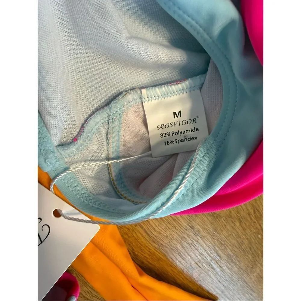 NWT Rosvigor Women's High Waisted Colorblock Bikini Set Pink Orange Blue Medium - Picture 4 of 6